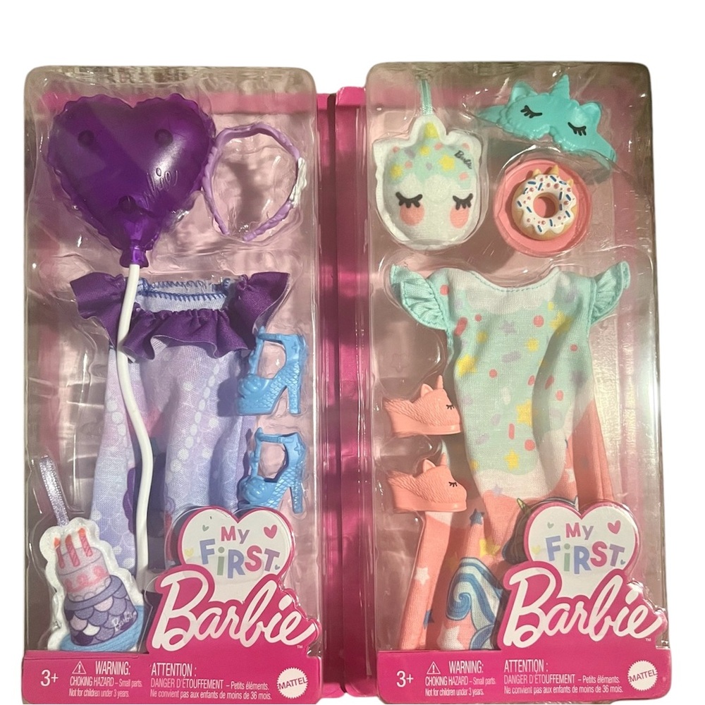 My First Barbie Outfits. 1-Purple Mermaid Birthday set 1-Unicorn Bedtime set.